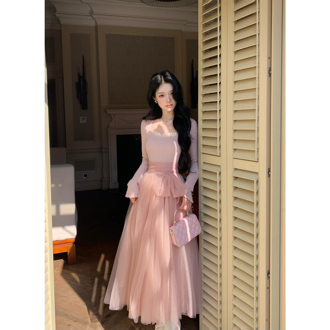 胡桃夹子 少女感温柔拼接网纱仙女风显瘦长袖连衣裙加厚