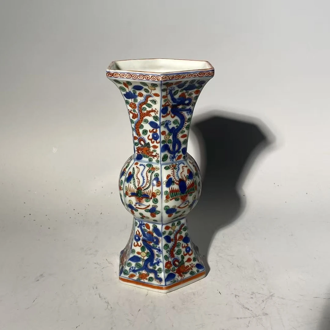 Q-民国 青花五彩龙纹花觚 高度20.5直径8.8