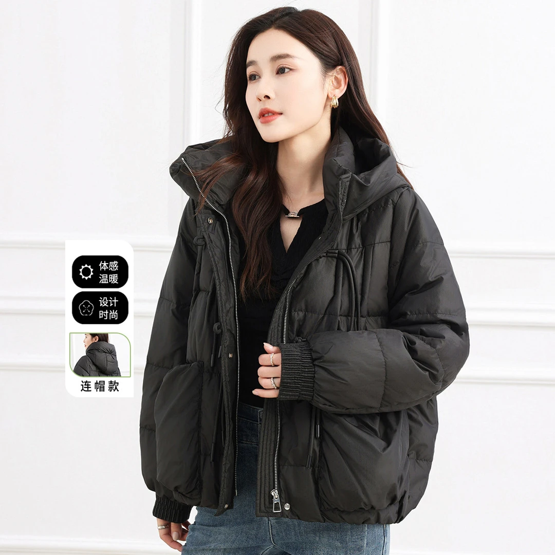 冬季时尚纯色连帽百搭加绒加厚女式外套GD558115