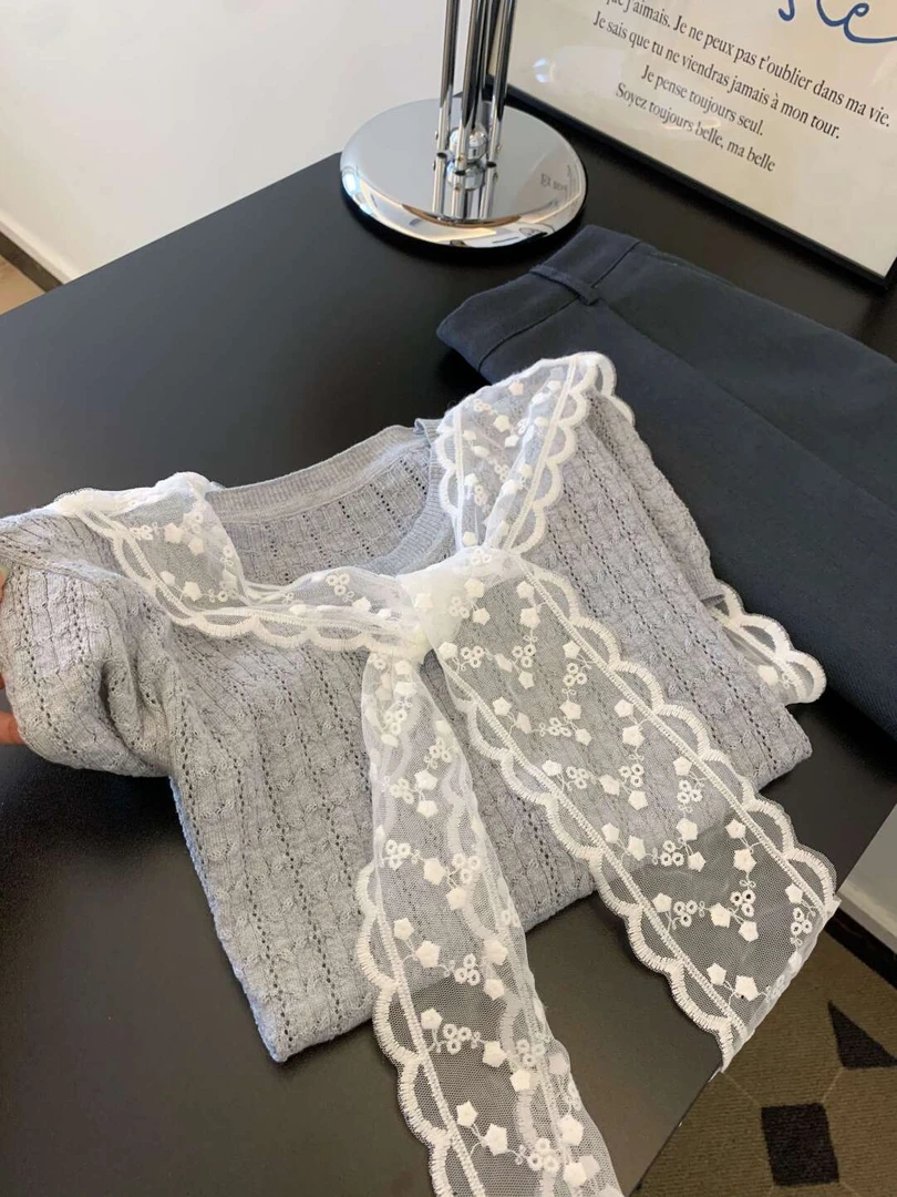 镂开衫凉爽夏新款减龄设计感上衣韩系蕾丝披肩叠穿灰色短袖T恤女