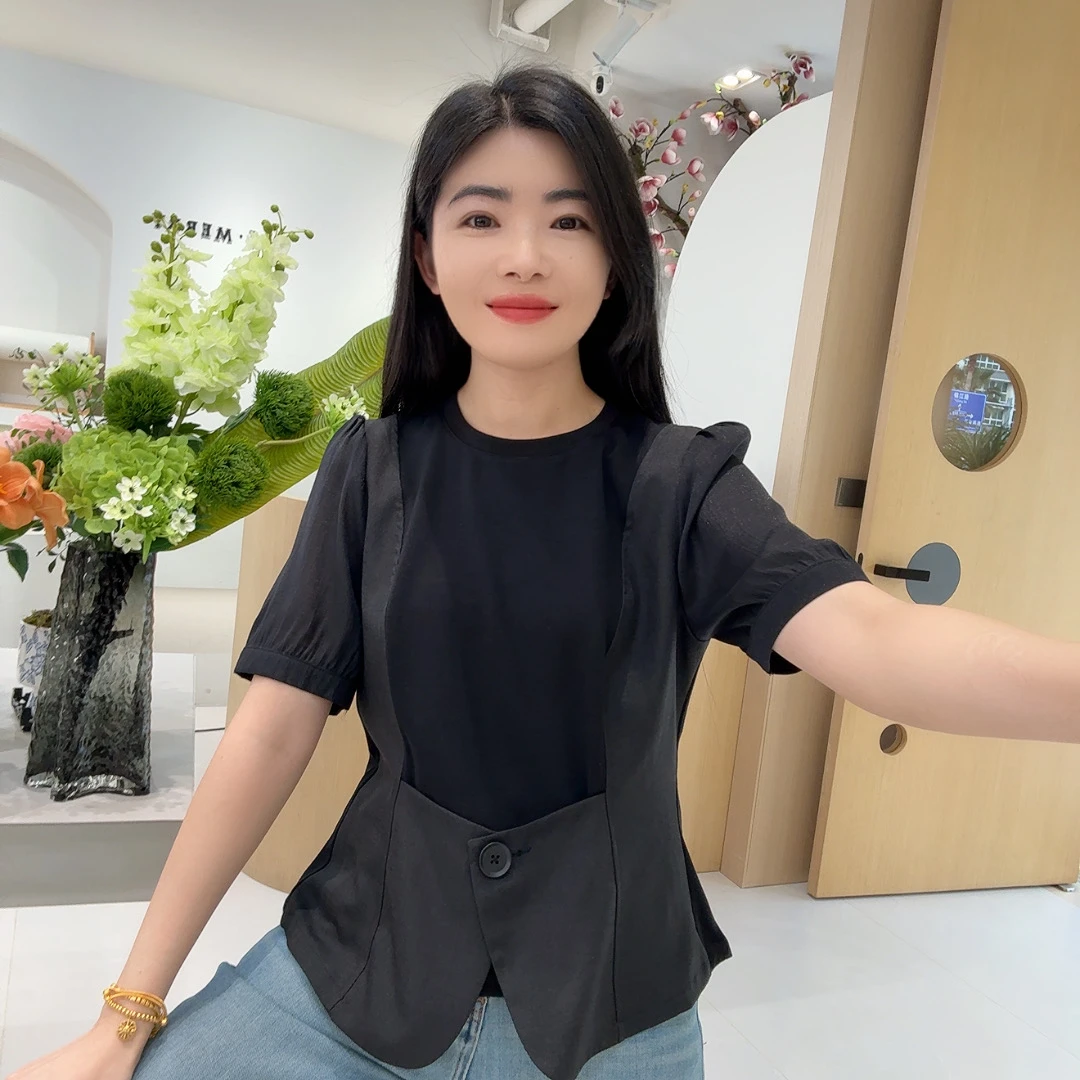 253175 韩版时尚显瘦设计感拼接假两件收腰短袖衬衫