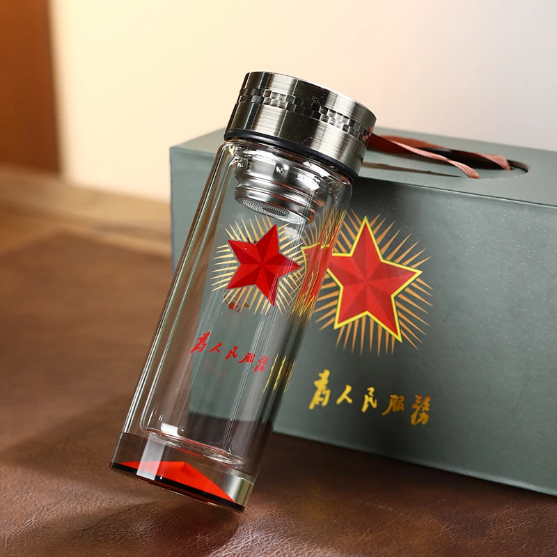 双层玻璃杯男女八一退伍纪念创意军旅风格杯子单位活动纪念礼品杯