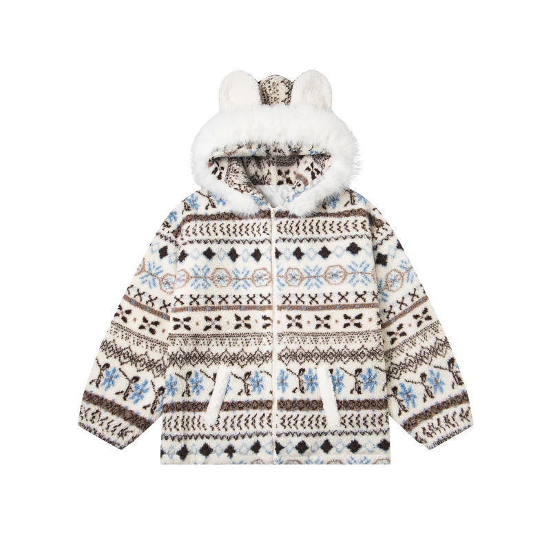 美式复古潮流民族纹小熊耳朵可爱女生时尚羊羔绒棉服外套连帽棉衣