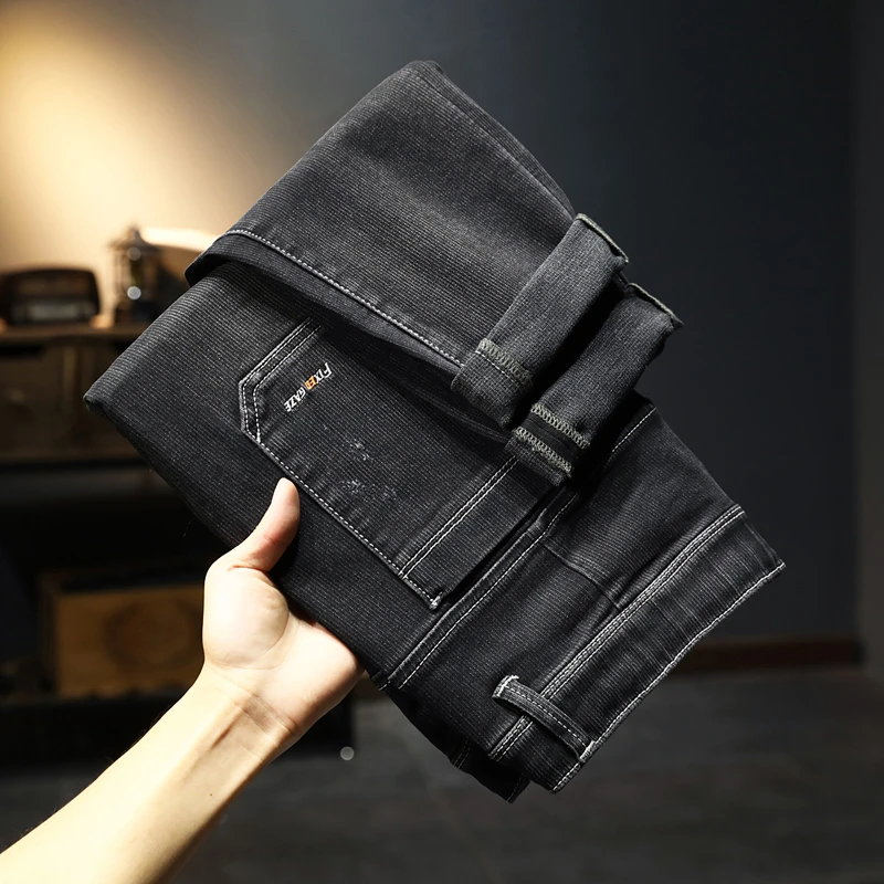 某海家秋冬新款高端牛仔裤爆款束腰抽绳宽松百搭直筒男士保暖长裤