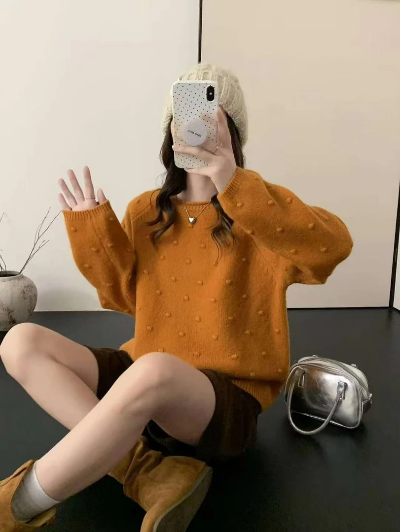 【沐禾】2025冬季韩系圆领小豆豆套头毛衣 衣长61 PJ