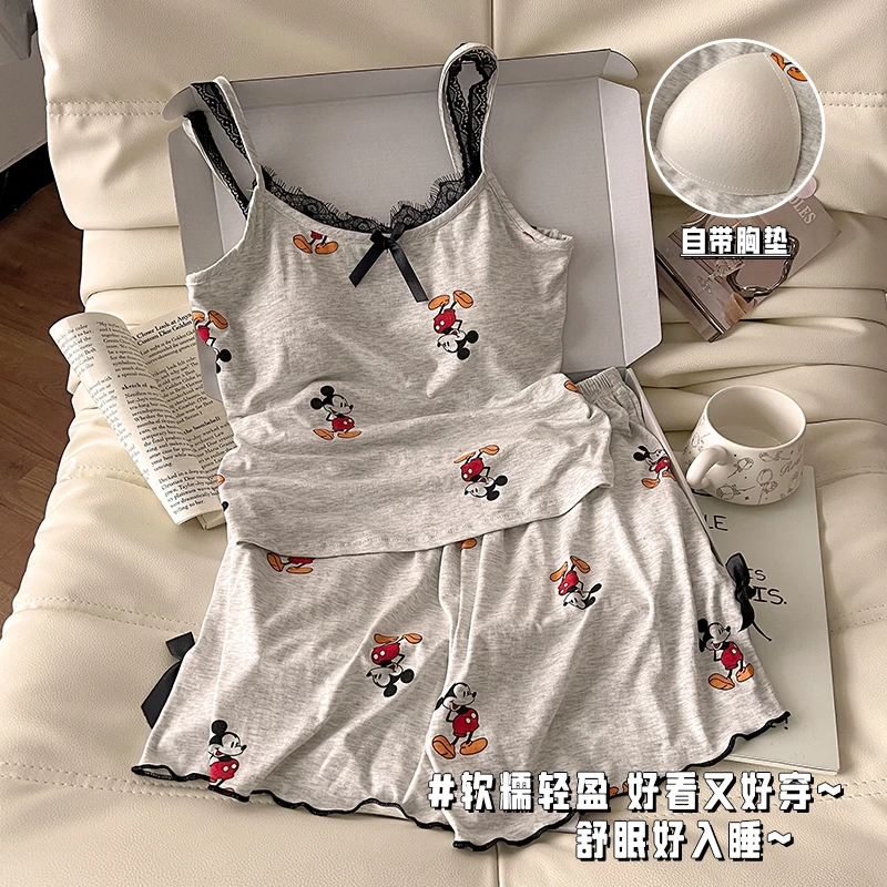 莫代尔女士睡衣蕾丝边套装米奇春夏季短袖睡衣夏天女家居睡衣上衣