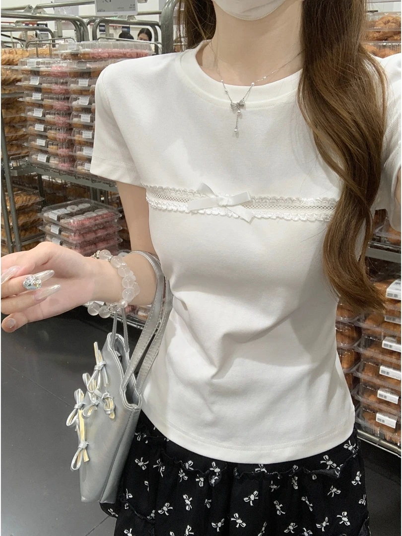 韩版甜美蝴蝶结短袖T恤女夏季2025新款拼接镂空纯棉修身百搭上衣