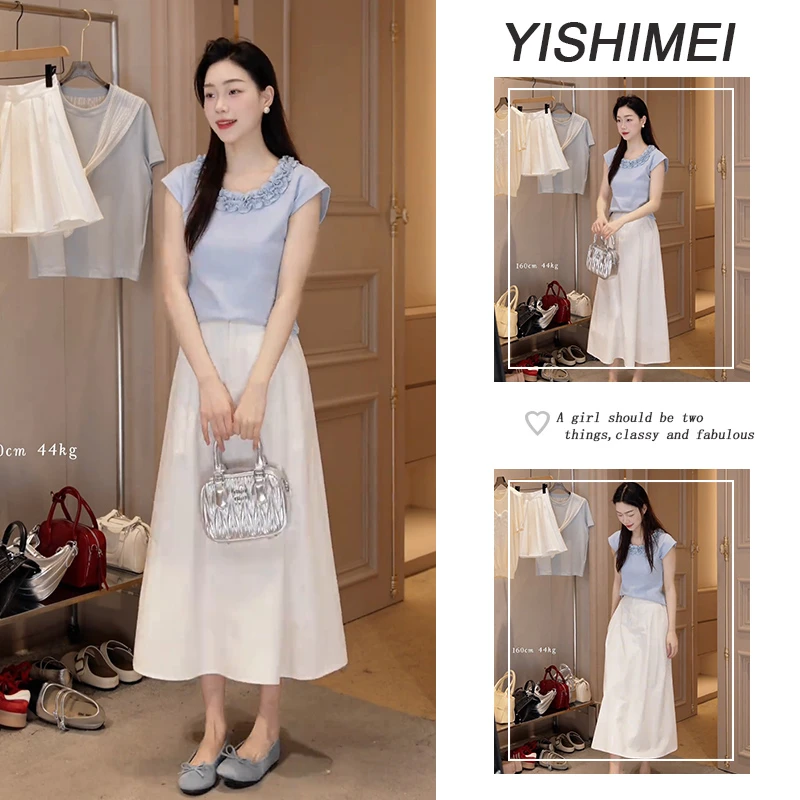 【现货】夏季时尚穿搭2025新款韩系设计感减龄短袖上衣半身裙套装