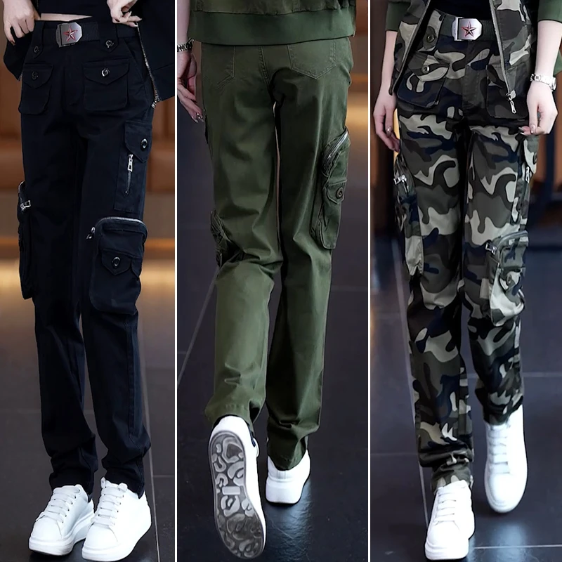 高腰工装裤女透气多口袋长裤休闲裤显瘦直筒秋季韩版户外迷彩女装