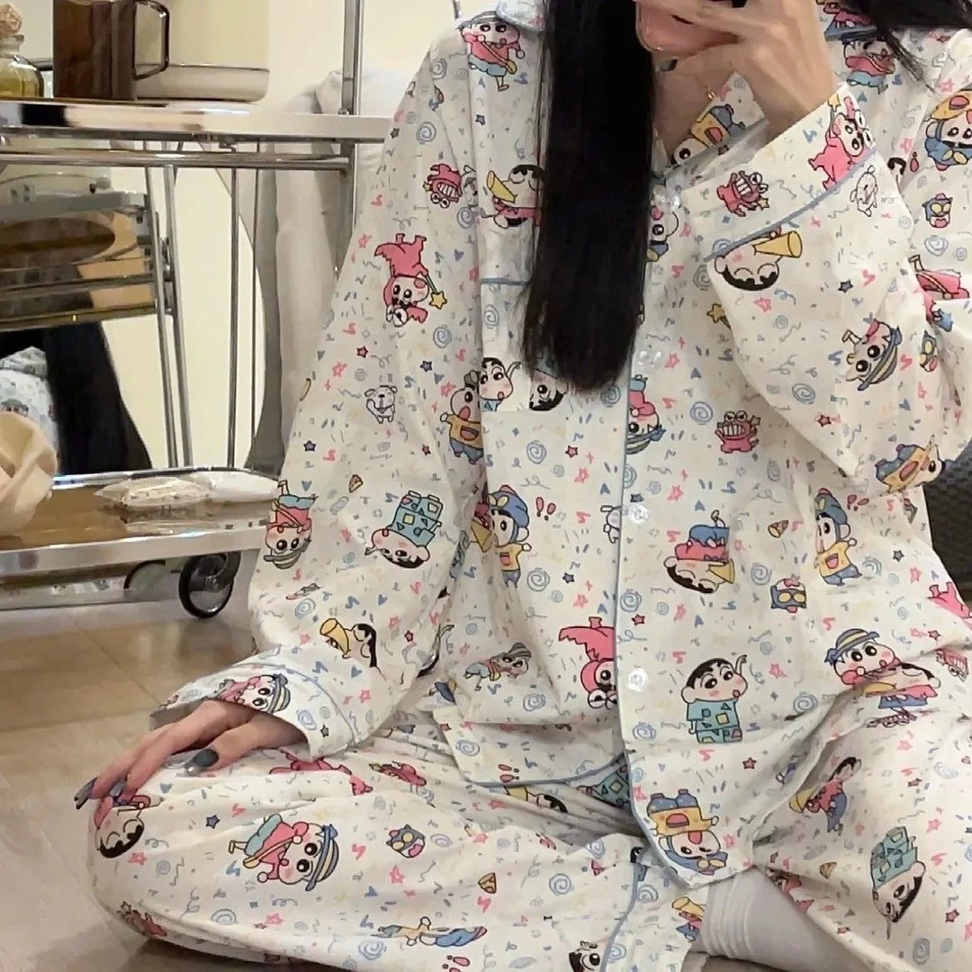 日系卡通蜡笔小新可爱睡衣女春秋季新款学生长袖可外穿家居服套装