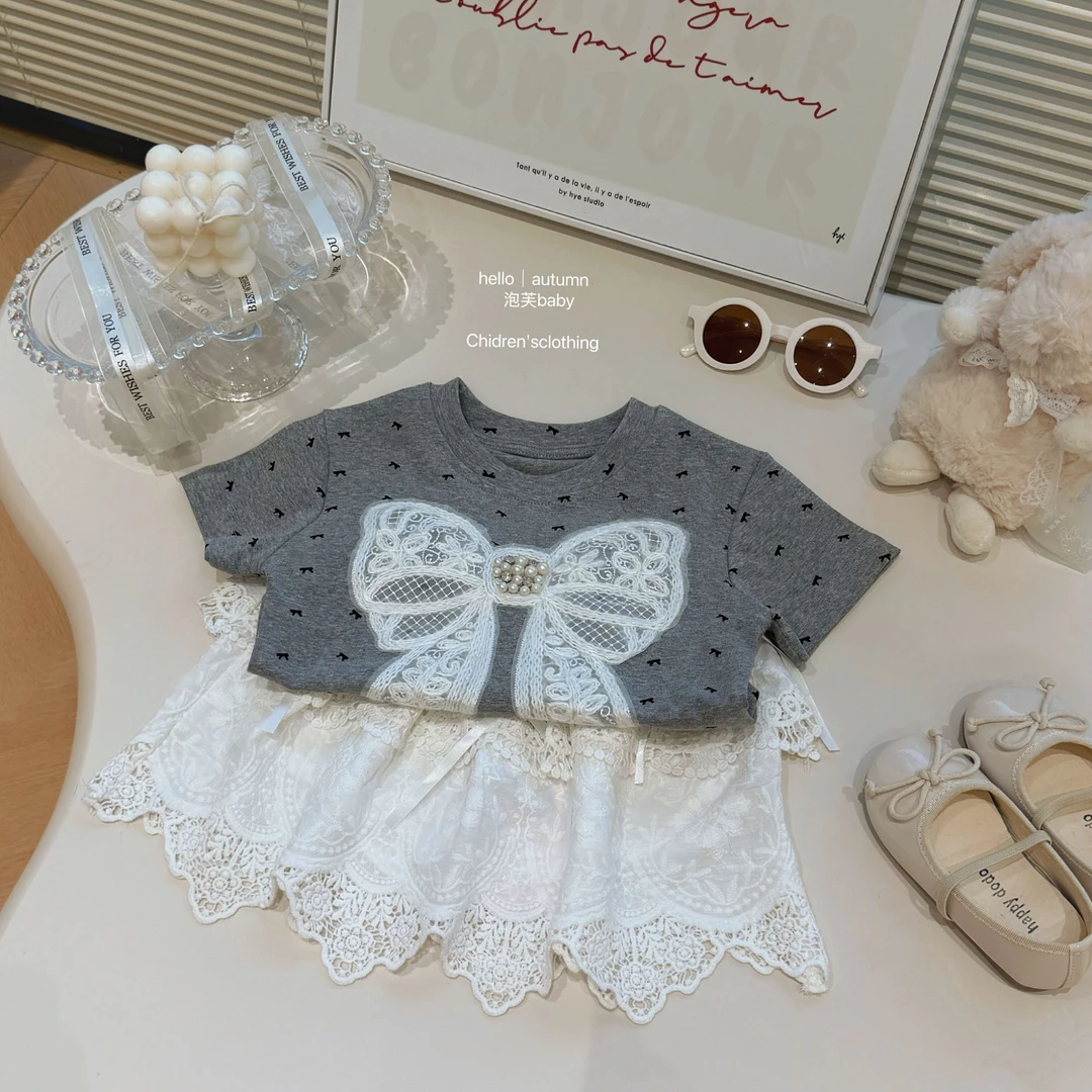 【泡芙baby】童装夏季儿童蝴蝶结波点上衣芭蕾风蕾丝蛋糕裙两件套