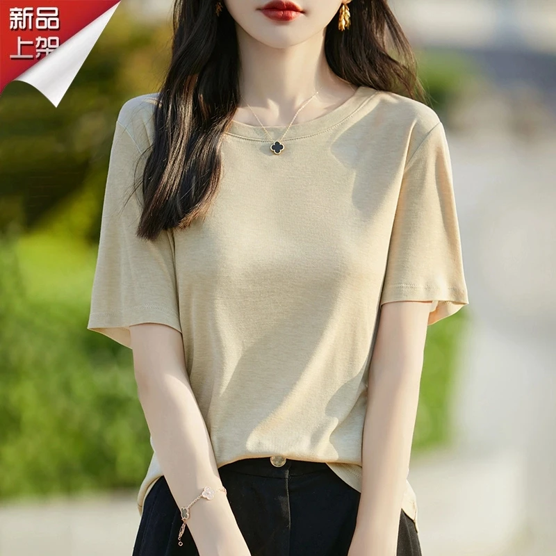 哥弟阿玛施正品桑蚕丝夏季短袖T恤女宽松显瘦圆领休闲百搭上衣女