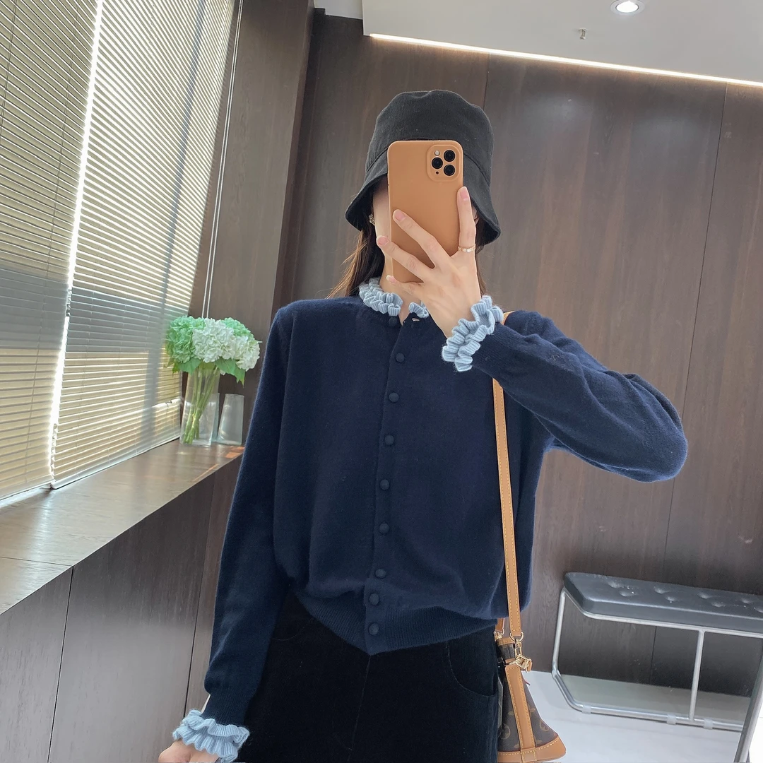 IMFLY金小金自制女装 羊毛衫DYW9817秋季韩系拼接木耳边针织开衫