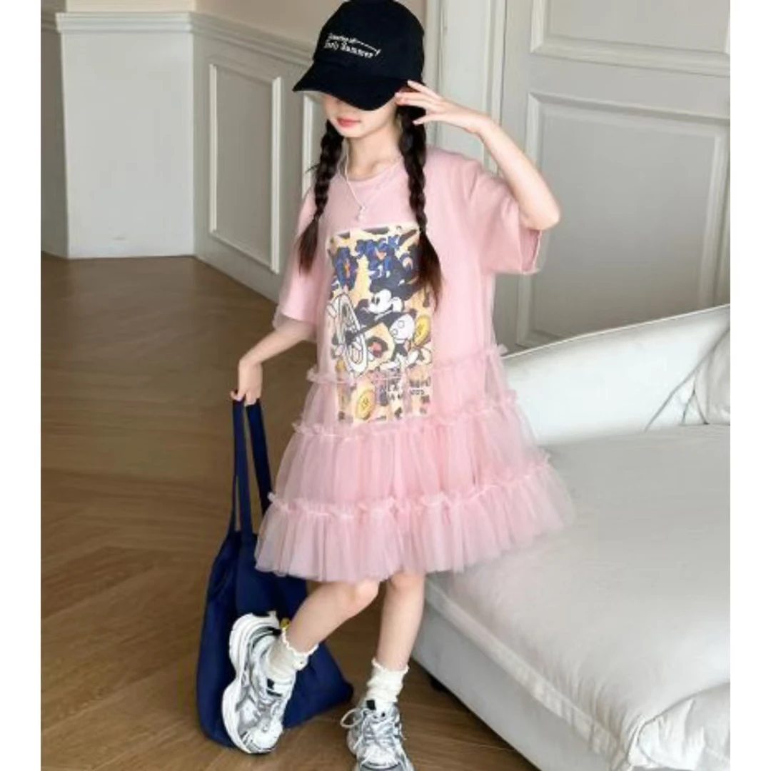 女童夏季2025新款时尚洋气网纱T恤公主连衣裙D