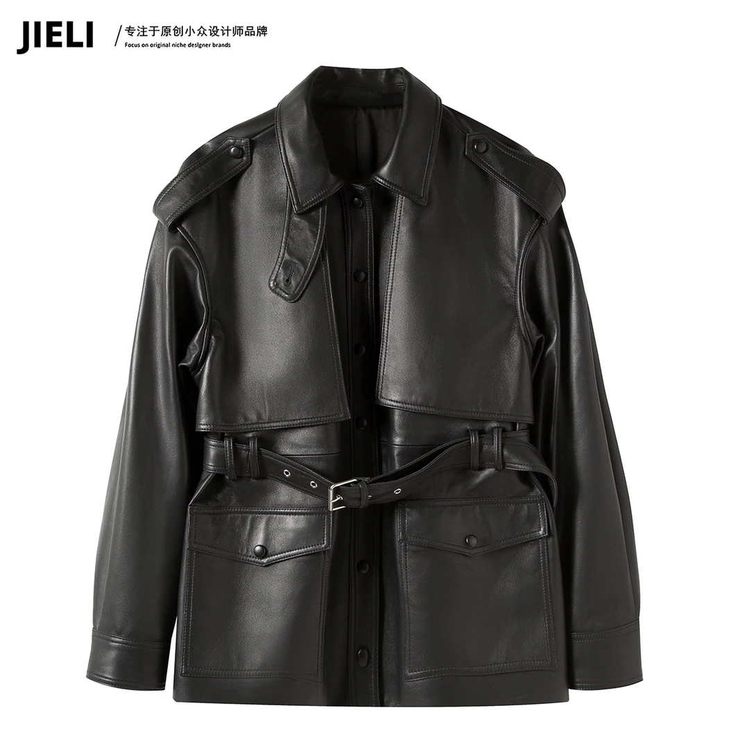 JIE LI/街力机车皮风衣女真皮绵羊皮时尚系带西装皮外套JX012