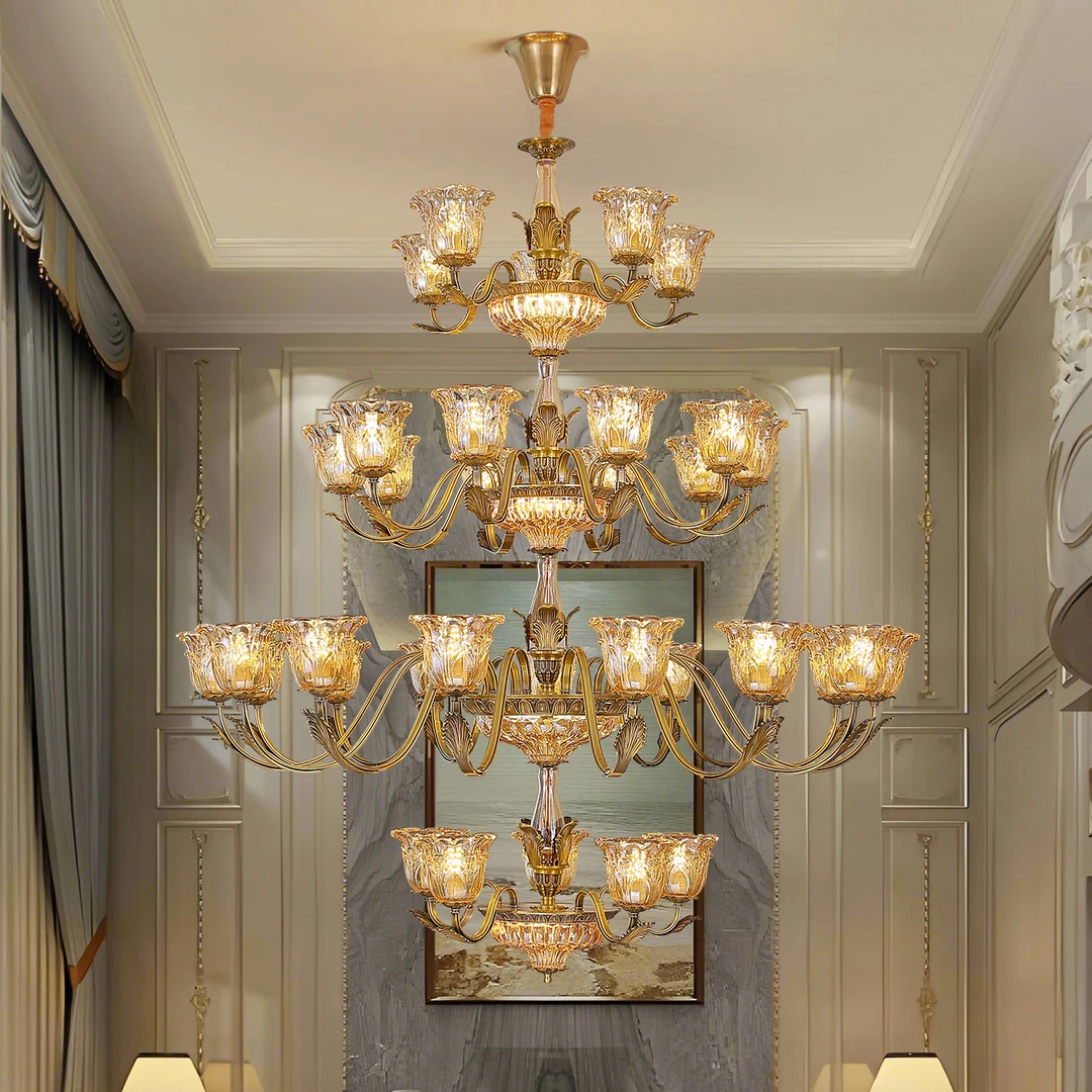 别墅复式楼全铜客厅大吊灯简约现代美式复古大气自建房挑空家用灯