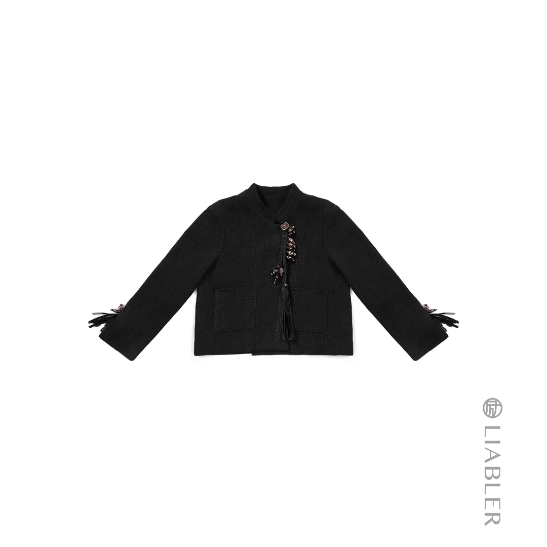 LIABLER/励 D25早秋亚麻肌理感国风立领上衣 LSS251006J