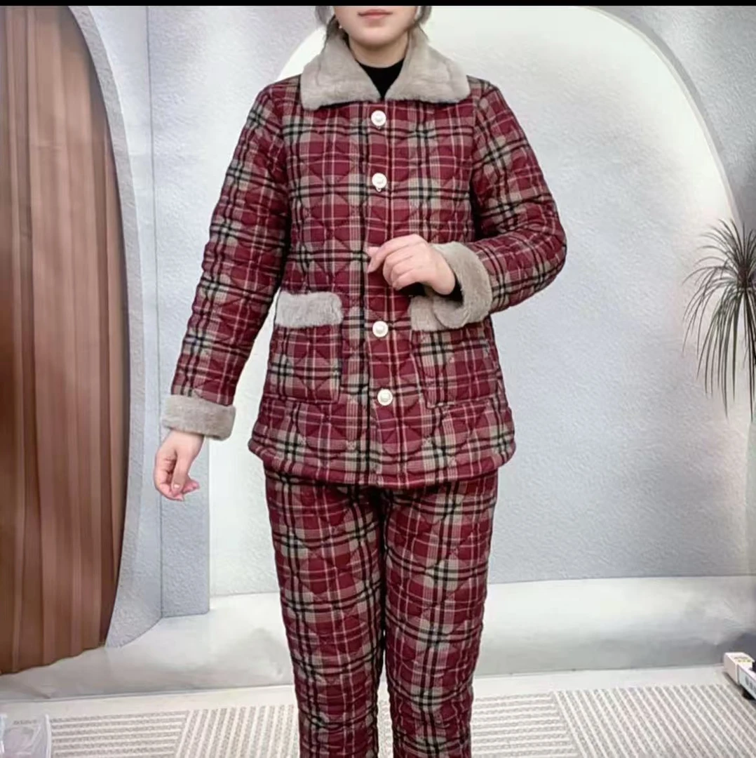秋冬季新款格子棉衣棉裤套装女妈妈装时尚加绒加厚保暖减龄两件套
