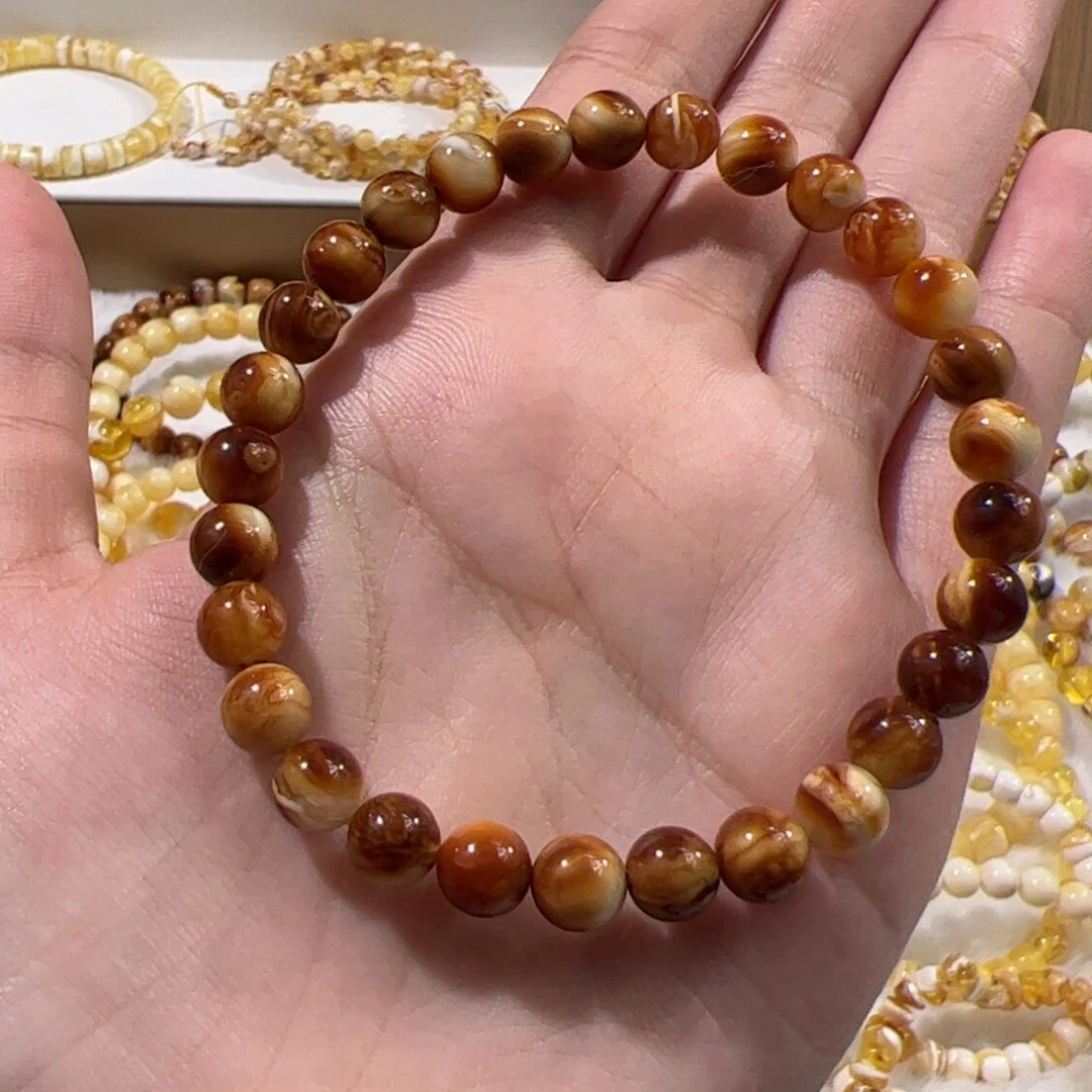 琥珀未镶嵌珠宝奇石6mm沁色圆珠手串单圈
