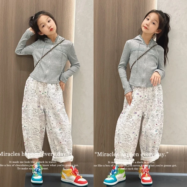 女童韩版洋气百搭阔腿裤2025新款女孩中大童宽松直筒拖地裤花裤