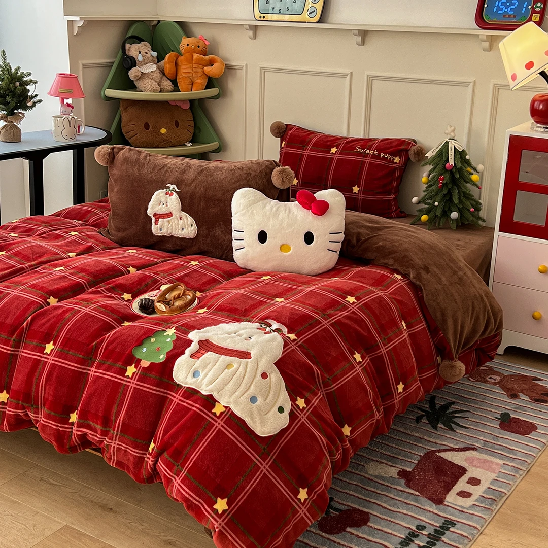 南极人冬季圣诞小狗加厚牛奶绒四件套双面加绒床单被套床上三件套