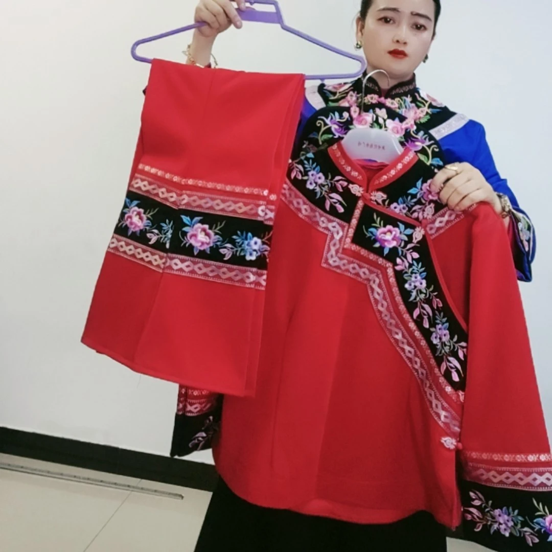 喇叭裤套装少数民族布依族壮族复古重工刺绣本命年新娘妆红色套装
