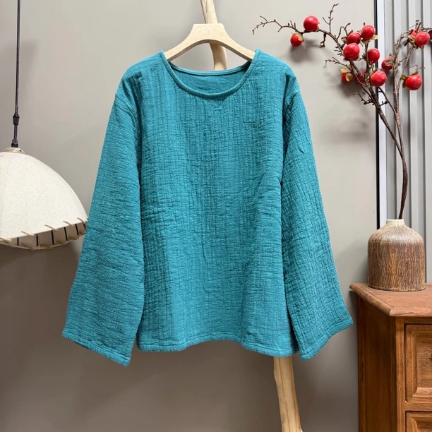 555791亚麻圆领纯色简约系显瘦打底衫（衣长63胸围136）