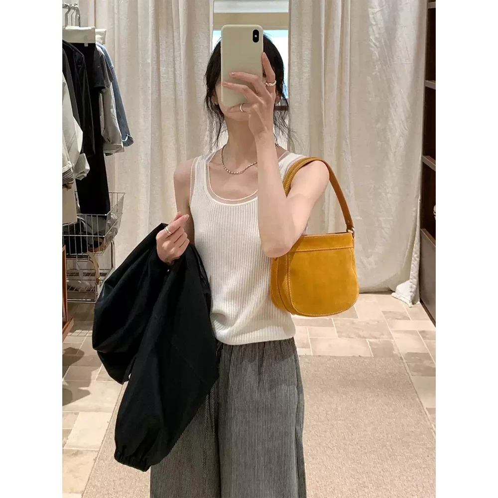 气质简约白色拼纱针织背心吊带女夏设计感复古高级感百搭无袖上衣