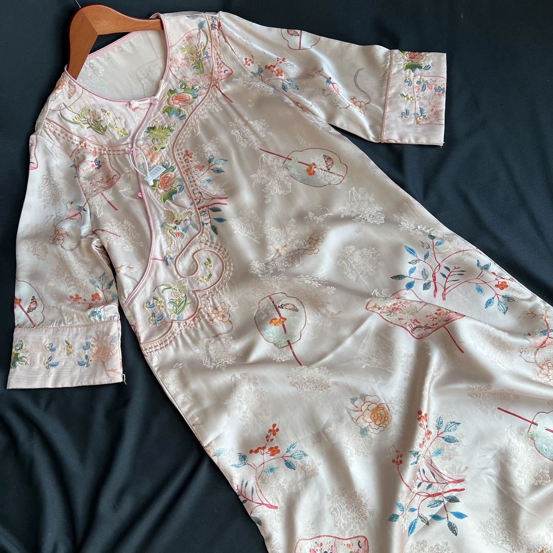 【团扇】新中式连衣裙H版套头斜襟复古暗纹提花中国风出游服装女