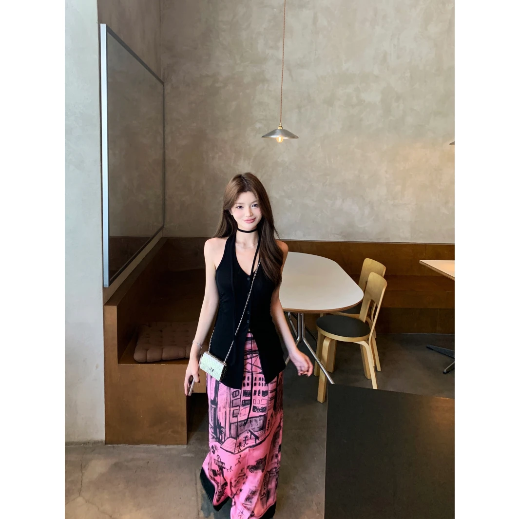 黑色飘带v领吊带背心女夏季单排扣修身无袖外穿辣妹显瘦百搭上衣