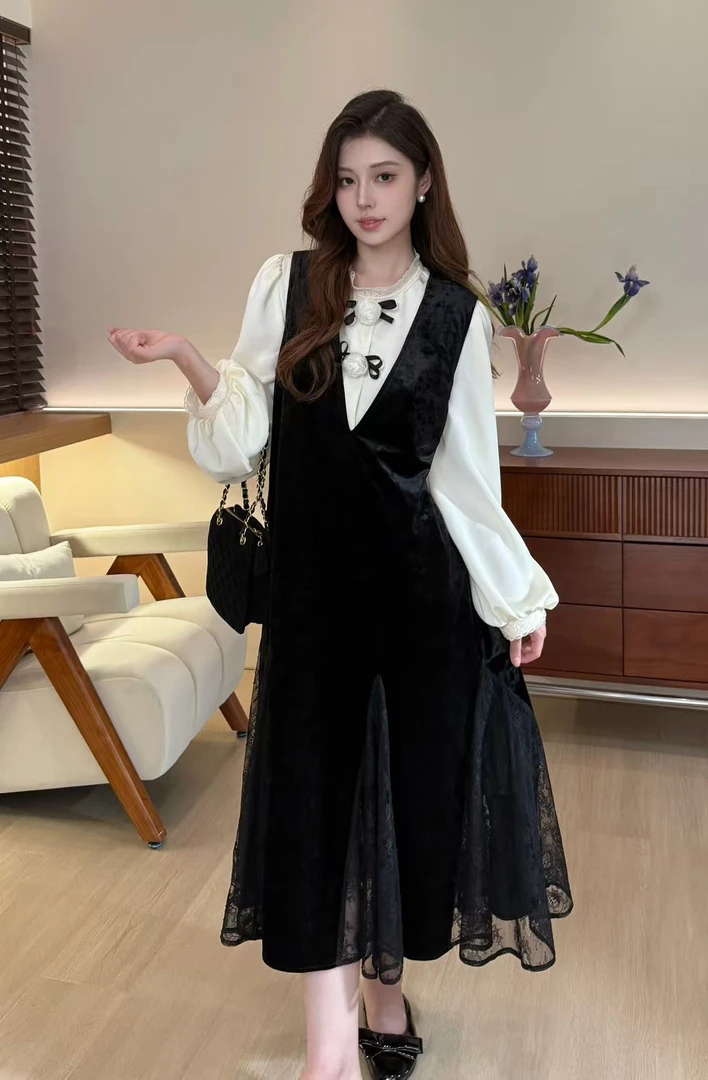 SNN原创设计师 黑天鹅丝绒长款两件套气质减龄秋季新款