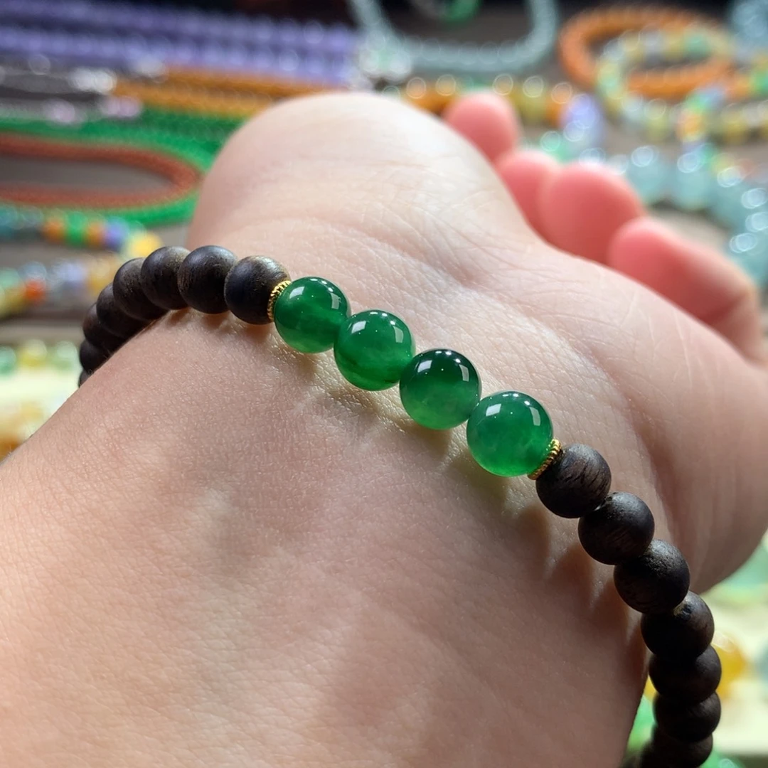 未镶嵌手链翡翠冰种起胶冰浓绿半串 卡6.3