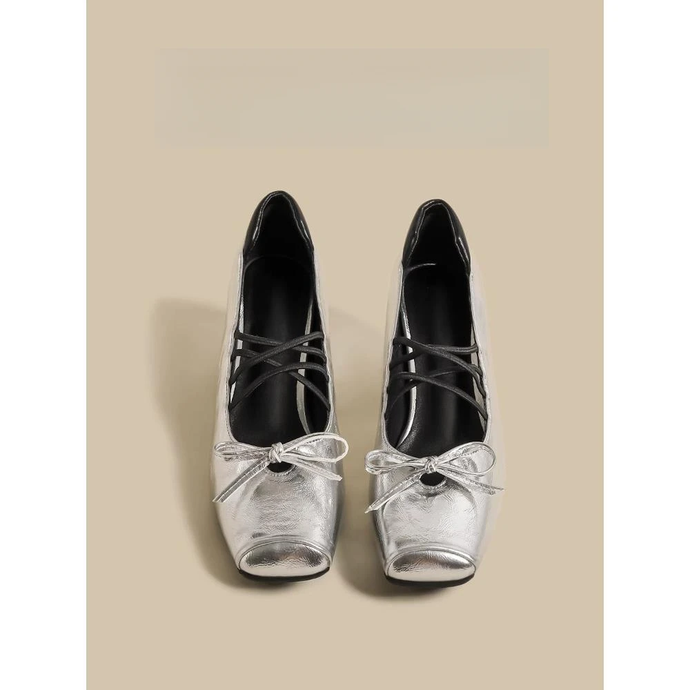 法式银色单鞋2025新款浅口芭蕾晚风高跟玛丽珍小皮鞋