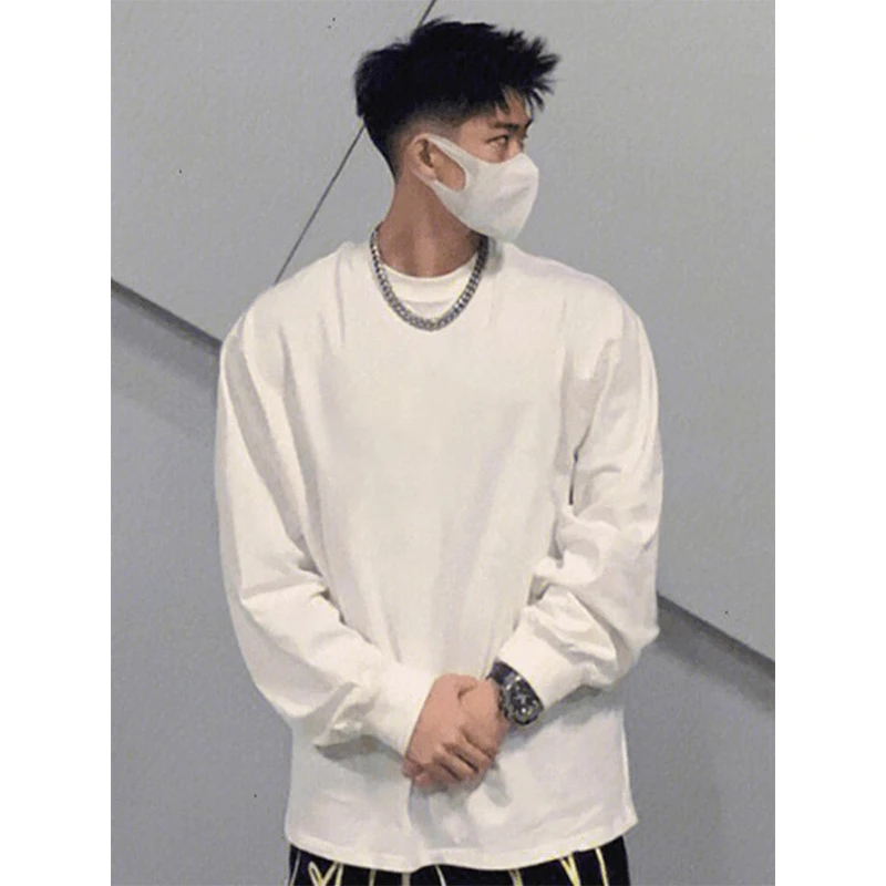 美式重磅t恤长袖男春秋季纯棉小领口上衣cleanfit白色内搭打底衫