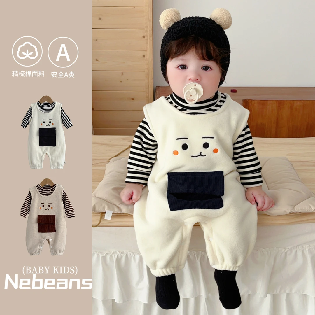 宝宝秋季套装保暖哈衣秋冬婴幼儿连体衣背带裤柏莉绒外出服两件套