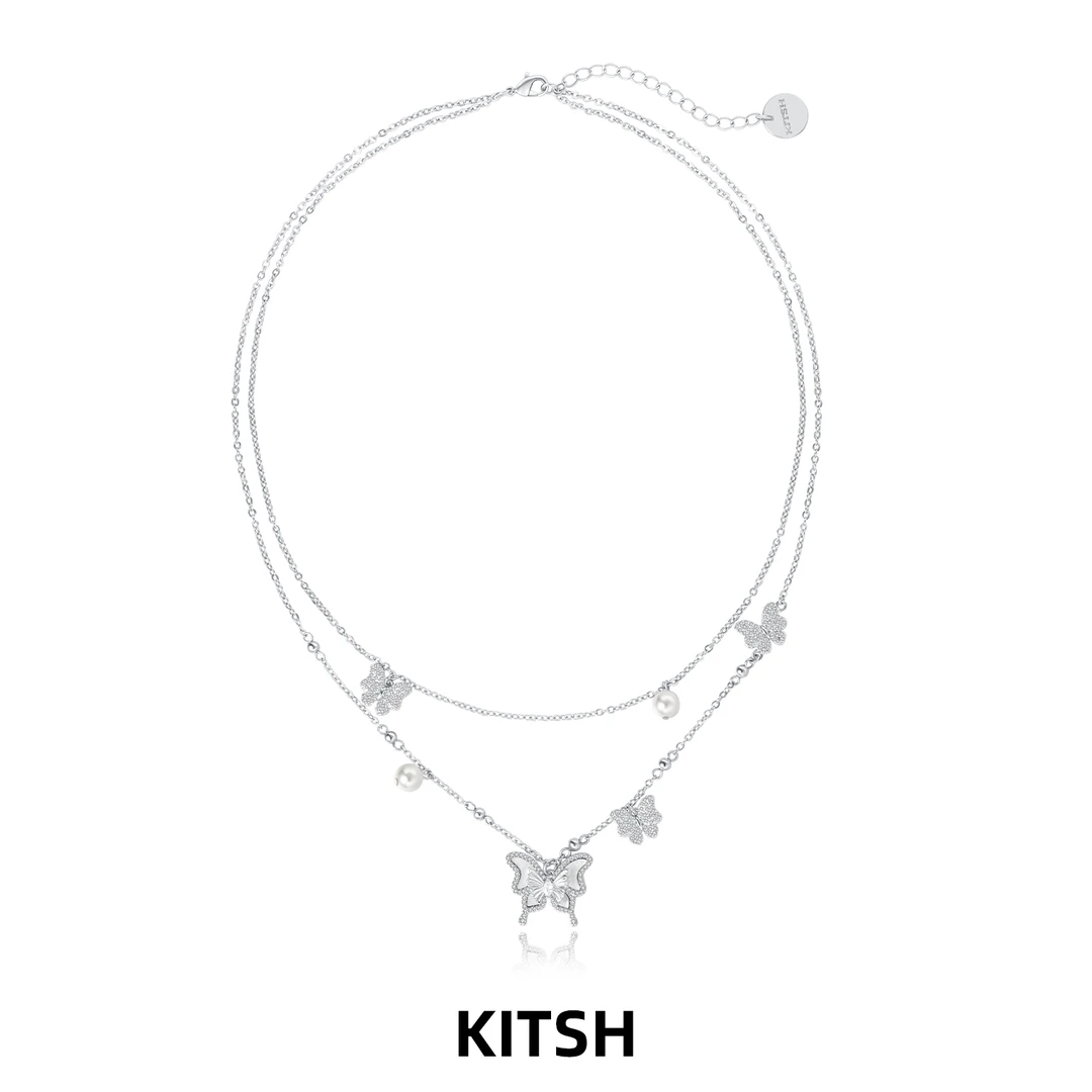 kitsh 黄铜锆石项链 天然贝母蝴蝶珍珠项链女原创设计双层锁骨链
