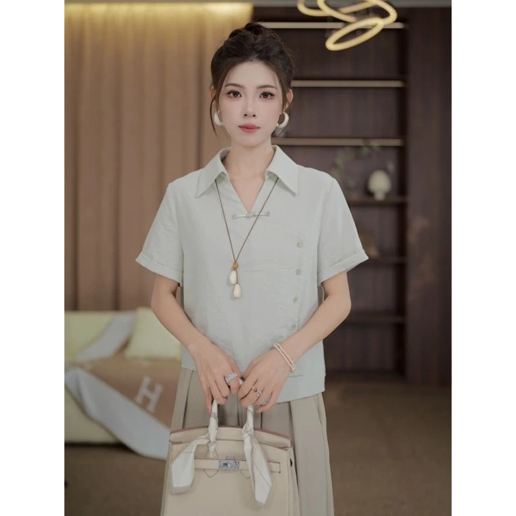 TITI定制【中式园林】轻奢气质设计感不规则宽松短袖衬衫TL3903503
