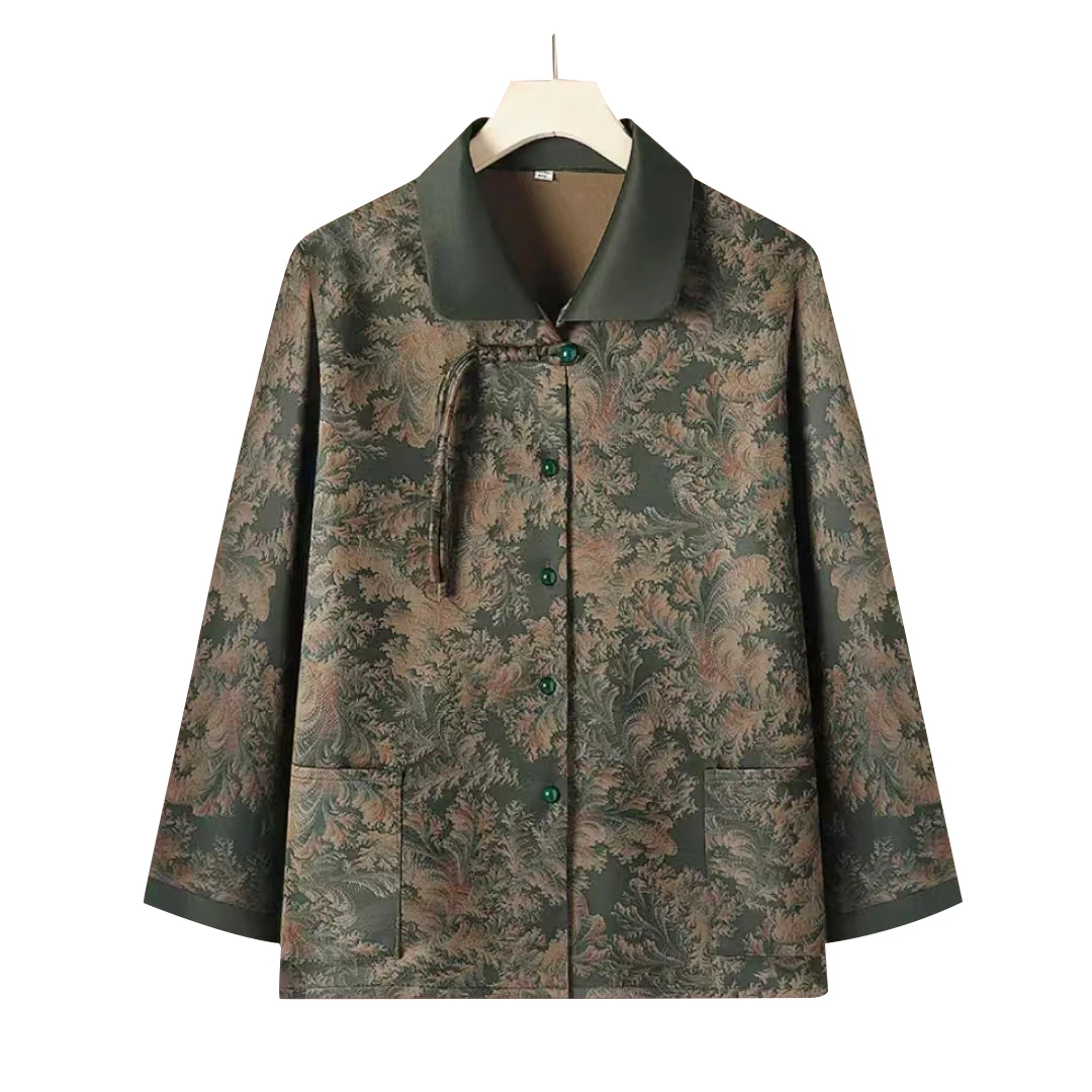 8757-妈妈装翻领长袖开衫春秋新款外套洋气新中式气质上衣【康燕】