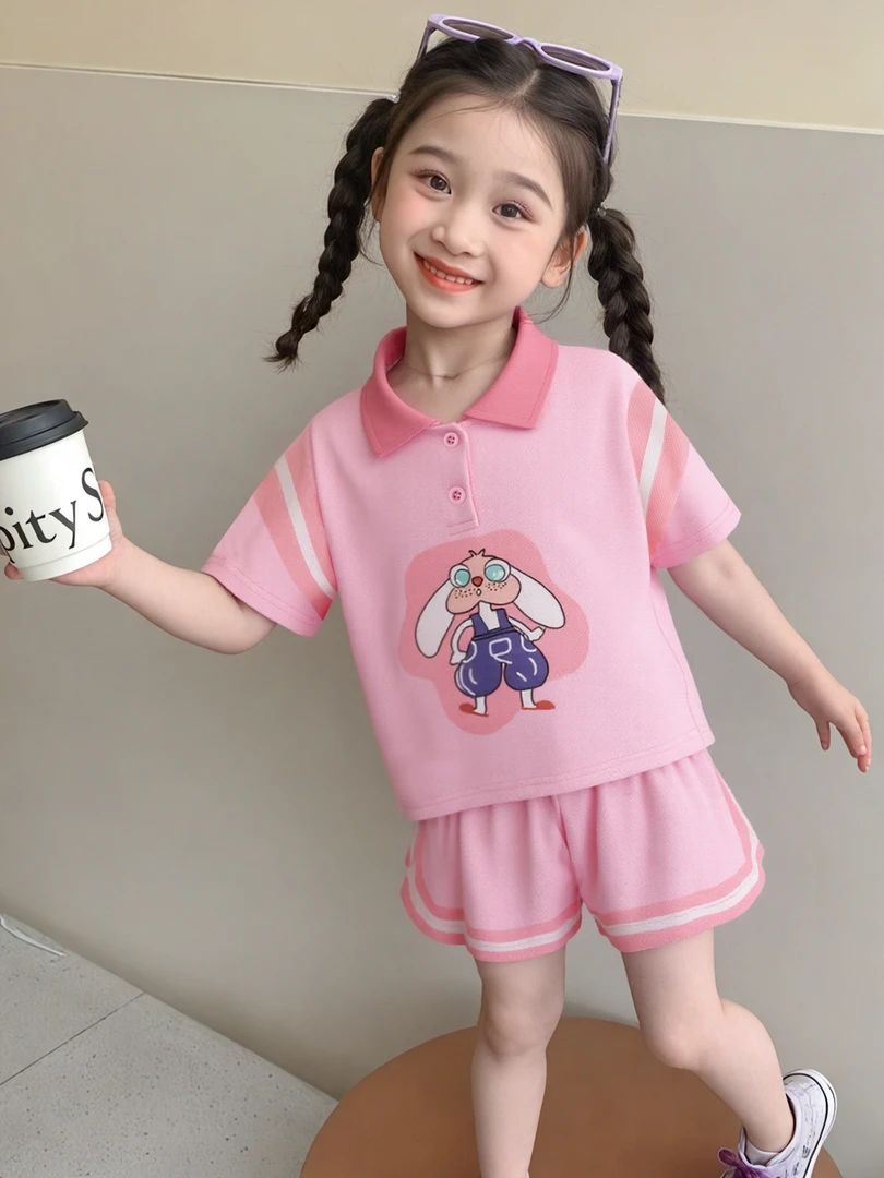 儿童套装2025夏季新款小兔子图案粉色短裤套装BGJL0160