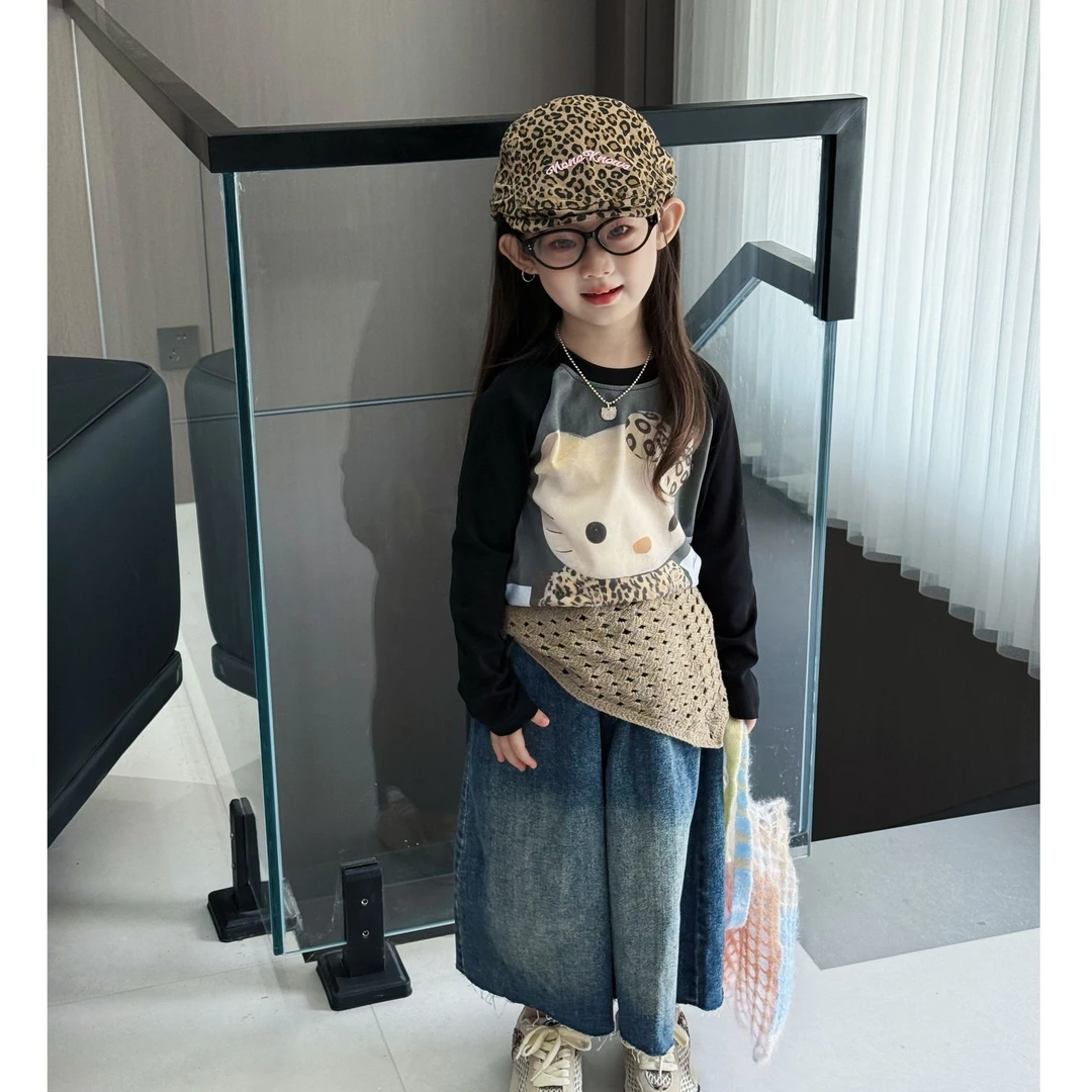 秋季新款童装女童套装韩版时尚长袖卡通猫咪T恤休闲工装裤两件套