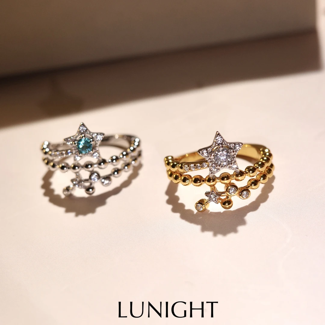 925银戒指 925银镀18K 梦幻星星泡泡戒指 合成锆石个性时尚小众