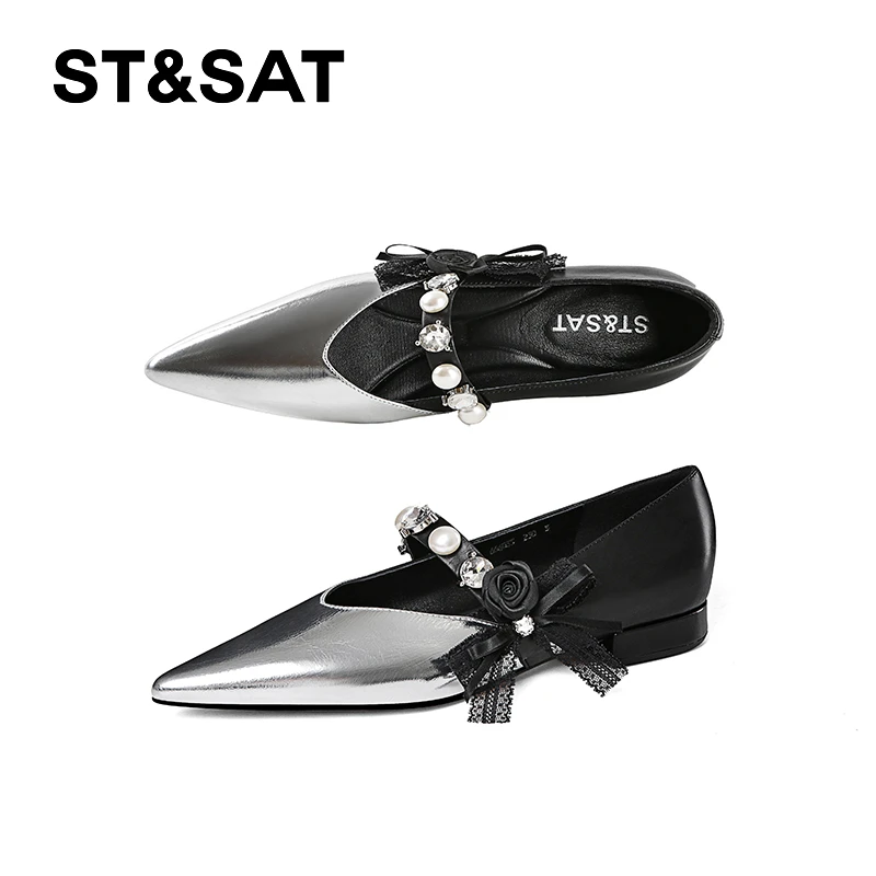 St&Sat/星期六拼色法式水钻尖头蕾丝蝴蝶结单鞋低跟百搭浅口女鞋