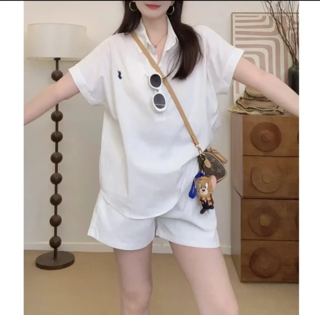 夏季套装2025年新款两件套宽松时尚百搭半袖polo领薄款刺绣显瘦