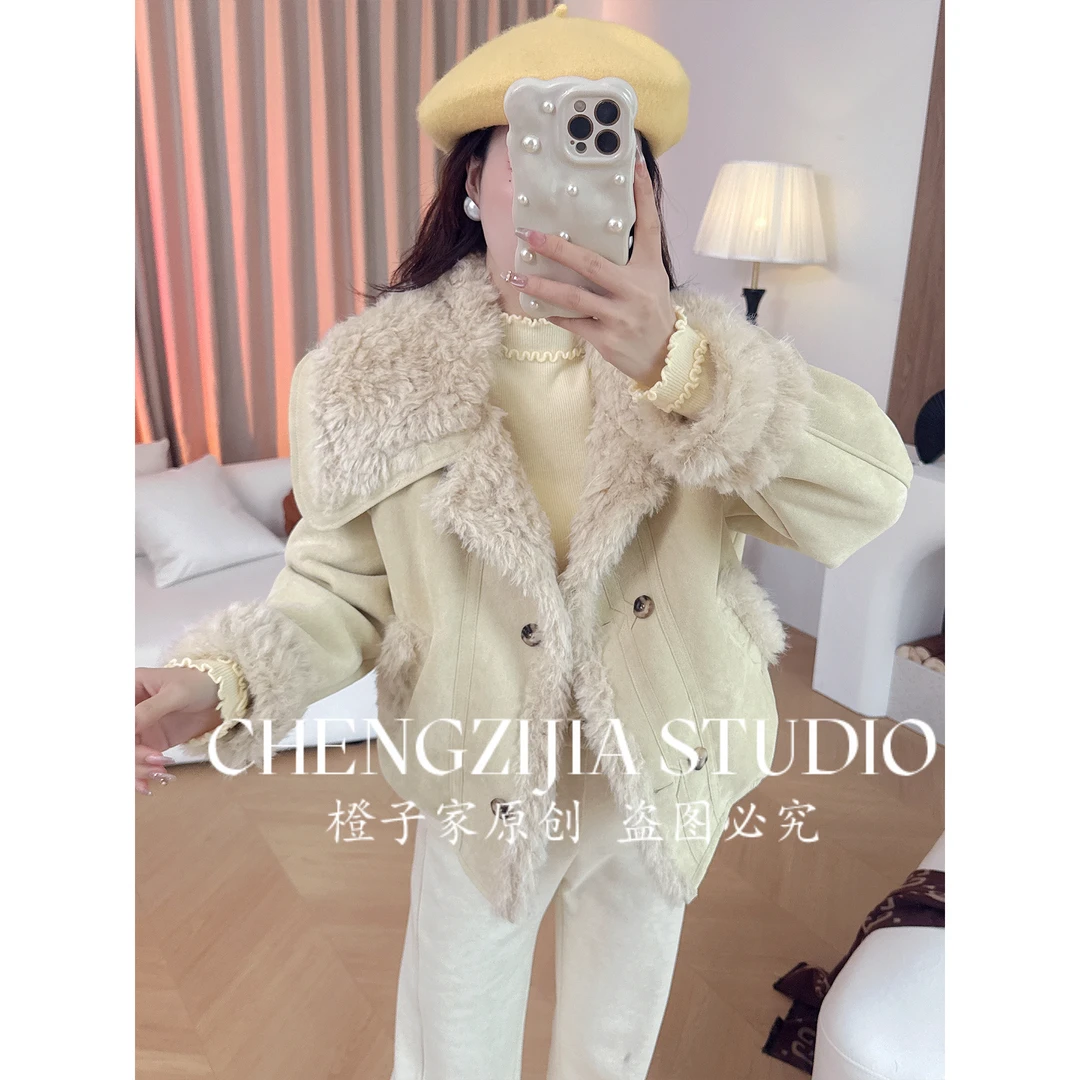 【裴诗婷】WT00084翻领毛毛双排扣短款外套