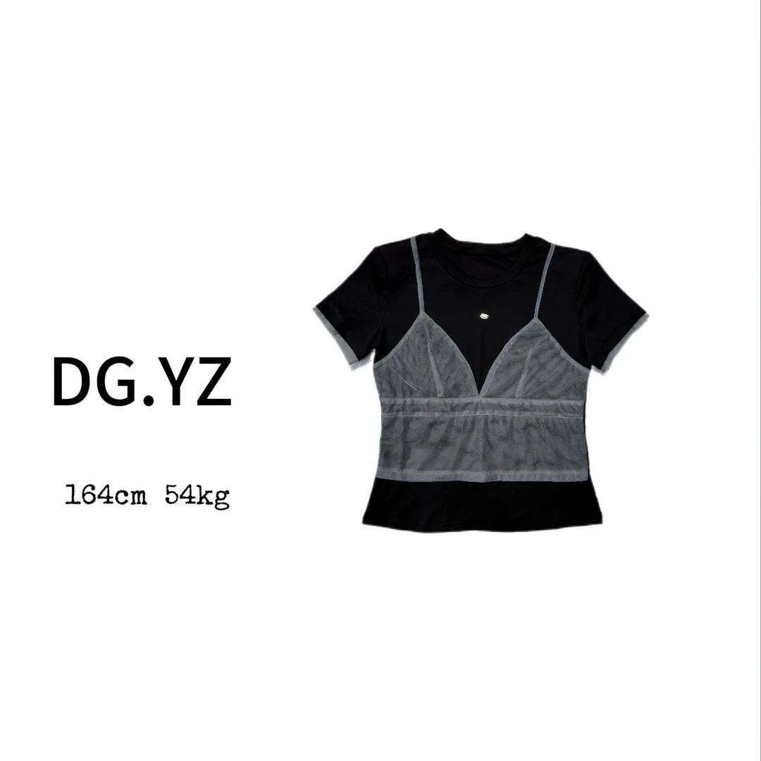 【樱子家】2736G网纱假两件蕾丝百搭显瘦短袖上衣