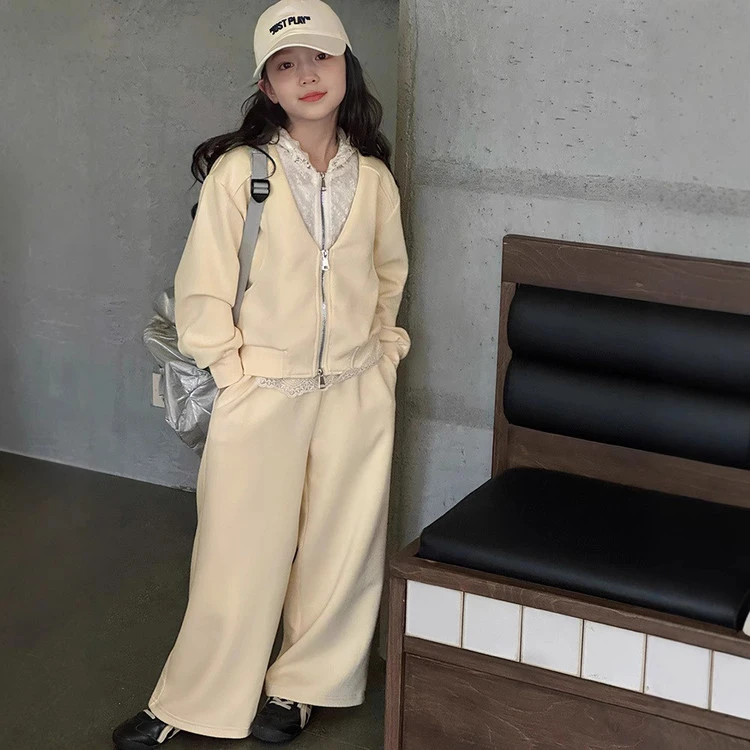 女童套装春装新款儿童拼接蕾丝连帽卫衣女孩宽松直筒裤两件套春季