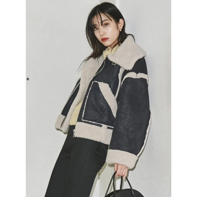 【Montendre】秋冬上新 E 时尚设计感翻领拼接PU加厚机车风短款外套