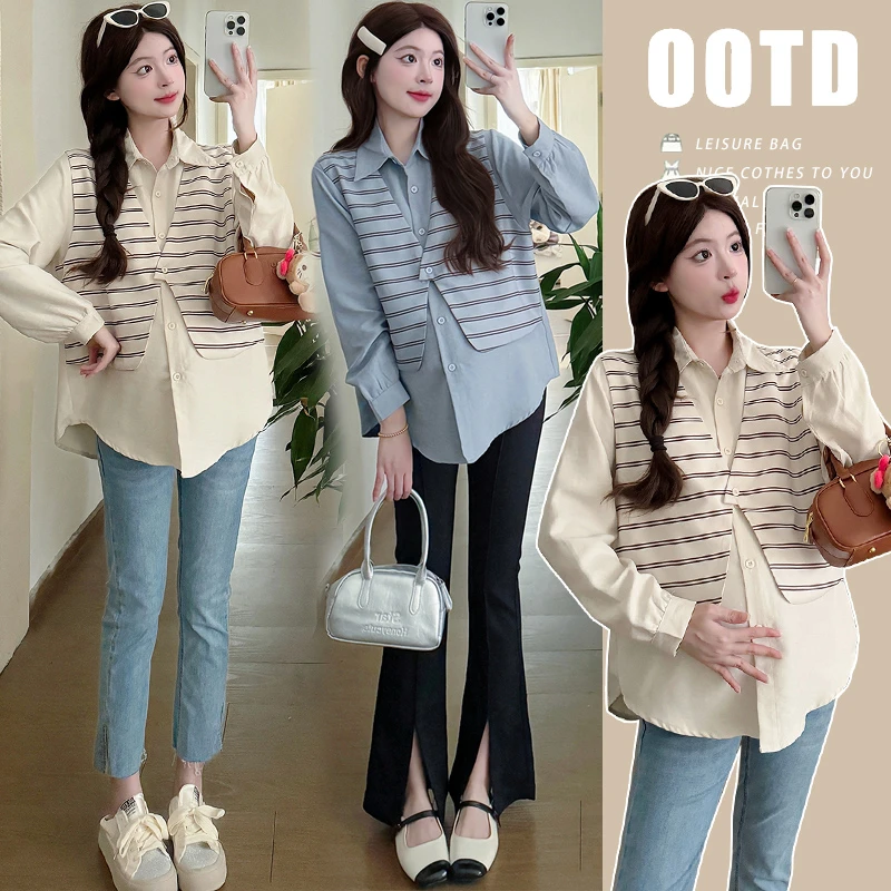 孕妇装春季2025孕妇春夏新款长袖翻领时尚宽松假两件孕妇衬衫