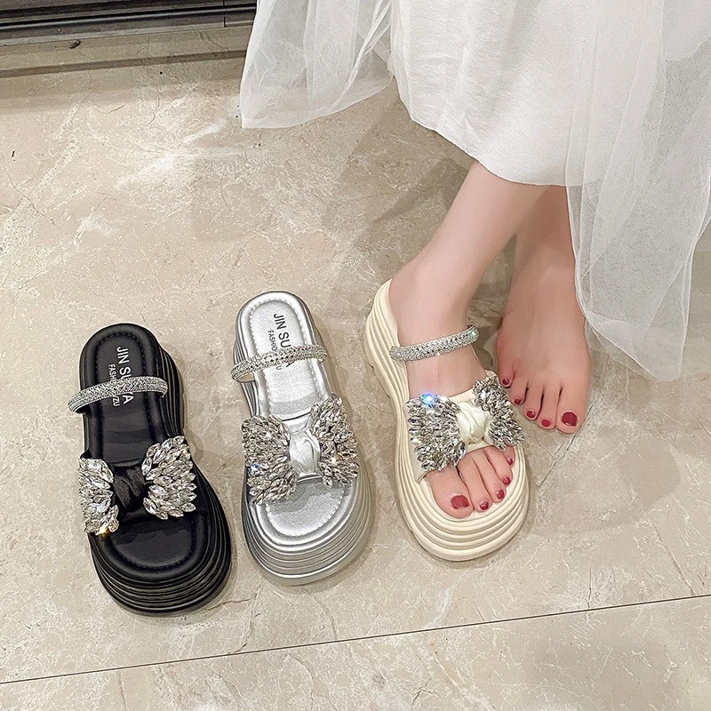 厚底8cm蝴蝶结水钻厚底拖鞋2025新款夏季爆款小个子松糕凉拖鞋女
