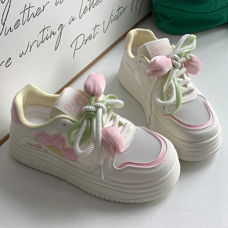 网面花朵板鞋女2025夏季新款透气增高小个子女生板鞋百搭休闲鞋潮